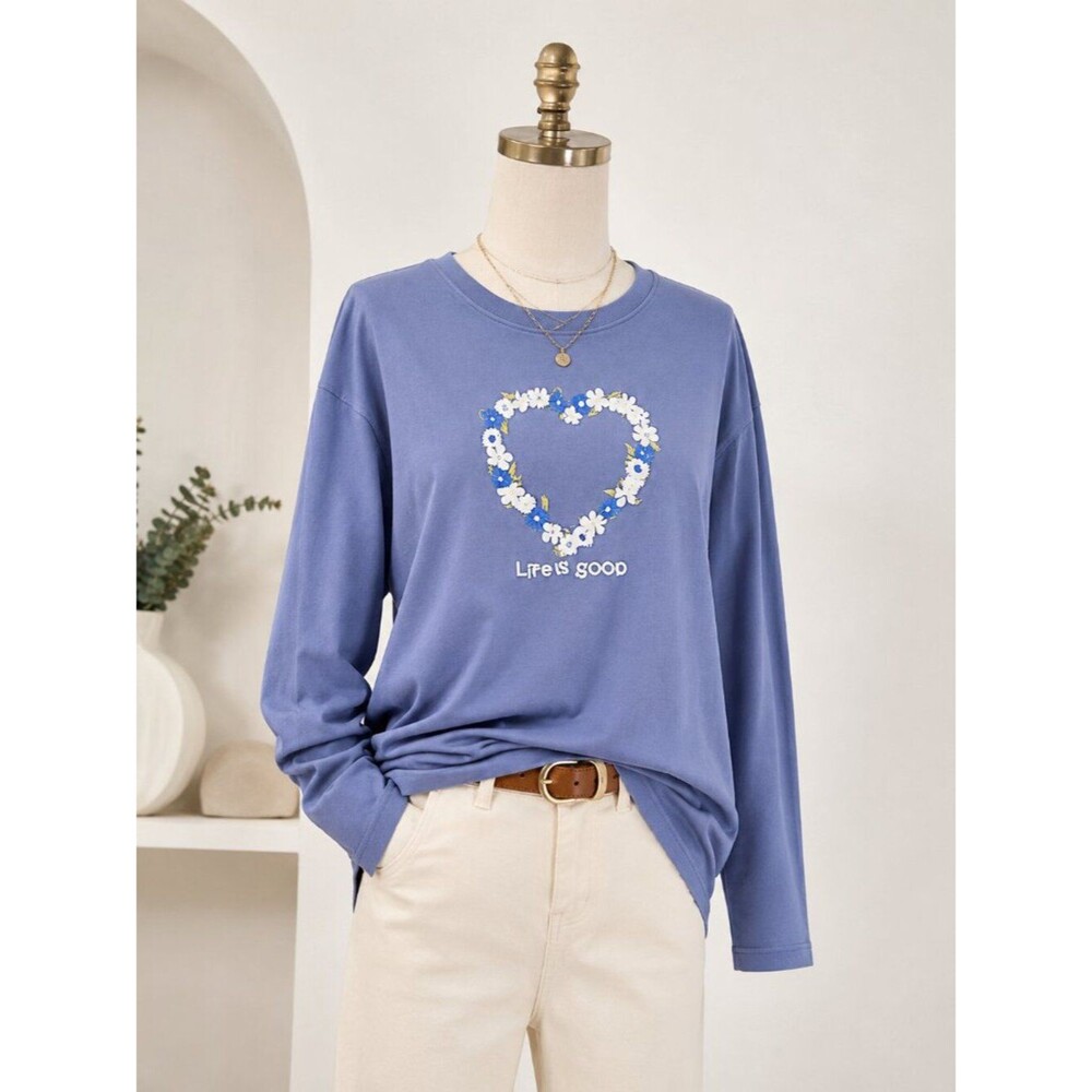 Life Is Good Floral Heart Blue Long Sleeve Tee Small